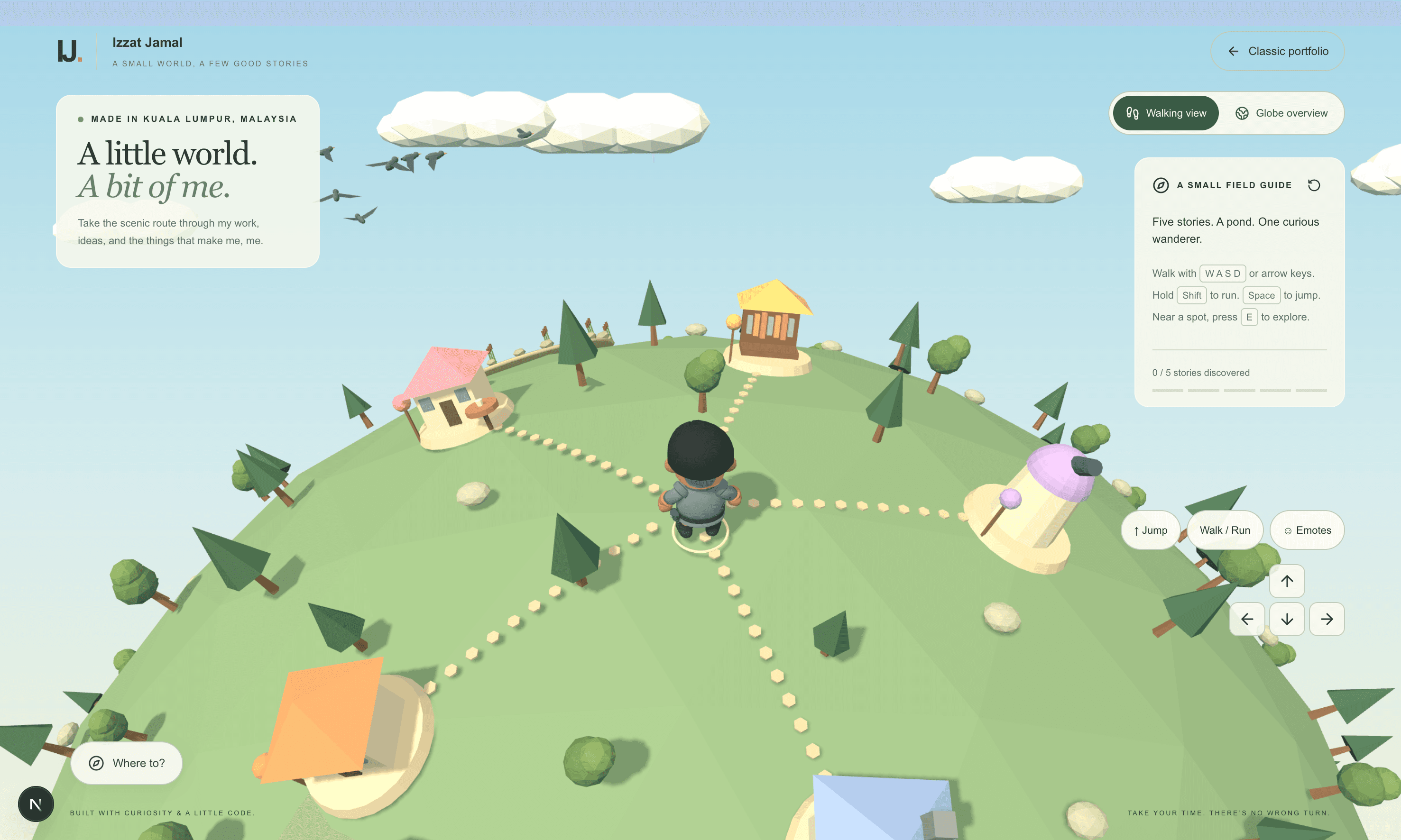Interactive portfolio showing a character exploring a small 3D world